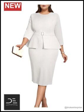 Plus Size Midi Peplum Pencil Dress 3/4 Sleeve Bodycon Sheath Workwear